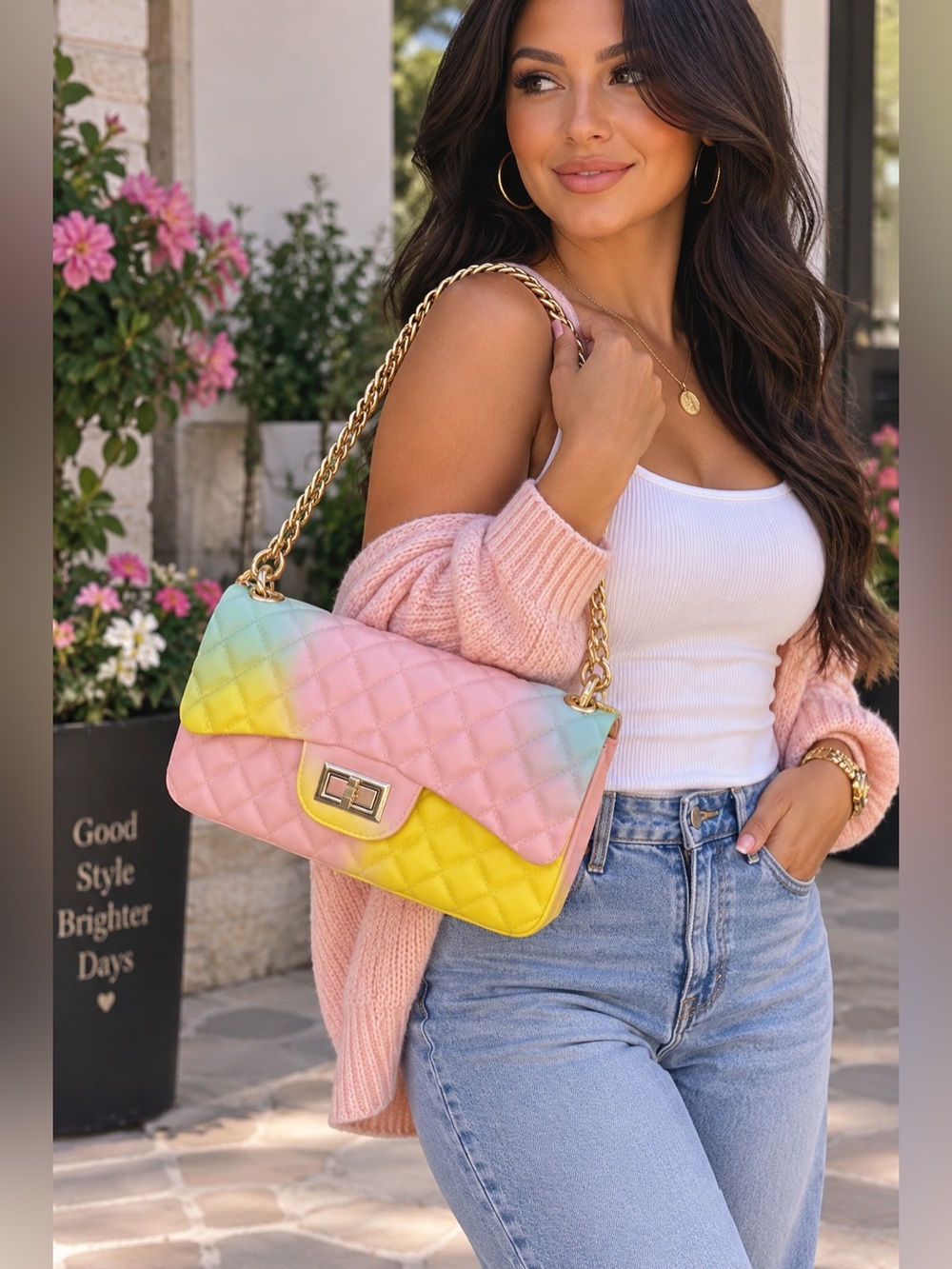 Quilted Pastel Gradient Shoulder Bag - Pink & Yellow
